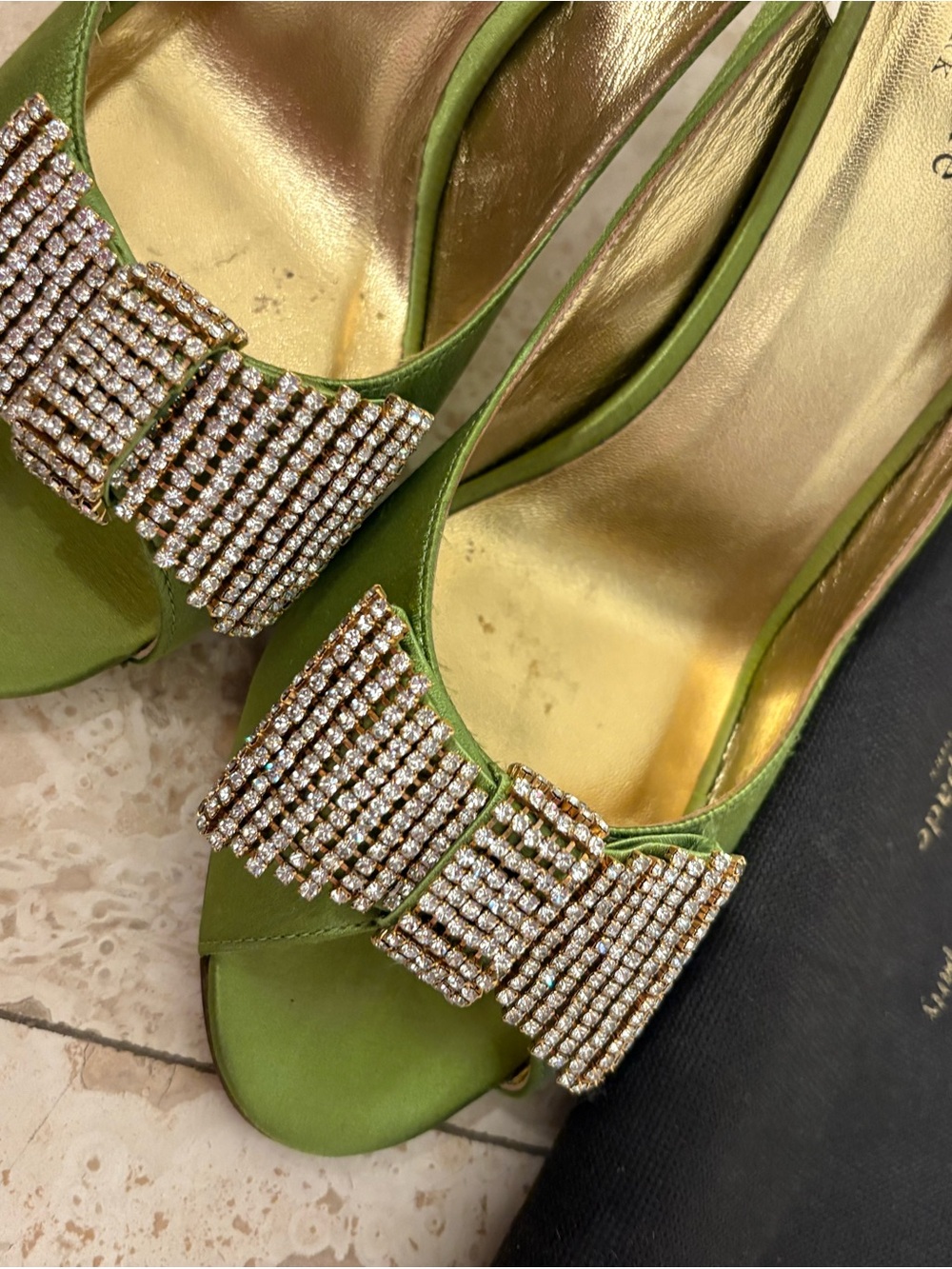 Kate Spade New York Made in Italy Green Satin Rhinestone Bow Heels Size 8